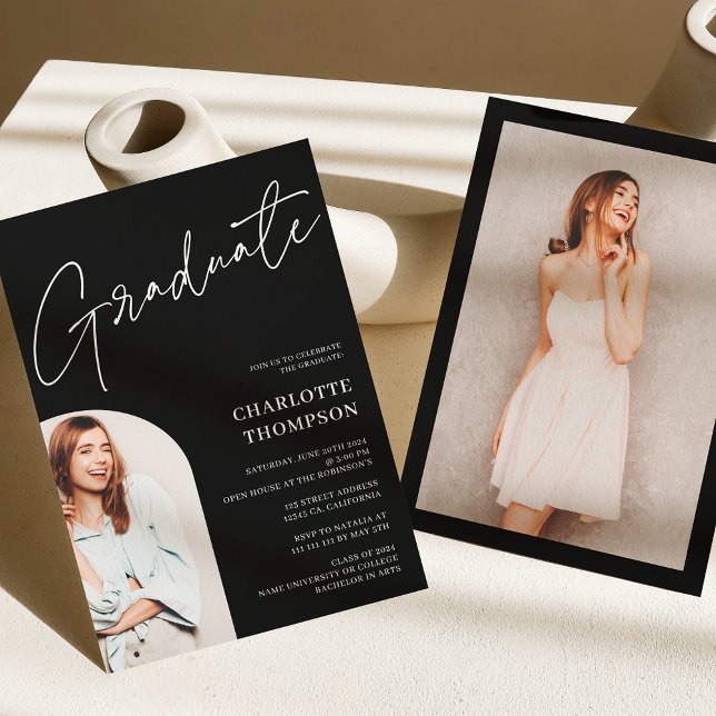 Invitación Elegante graduación moderna de fotos en blanco y n (Elegant simple modern white black photo graduation invitation)