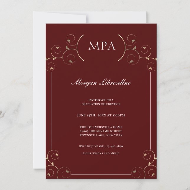Invitación Elegante graduación MPA Gold Burgundy (Anverso)