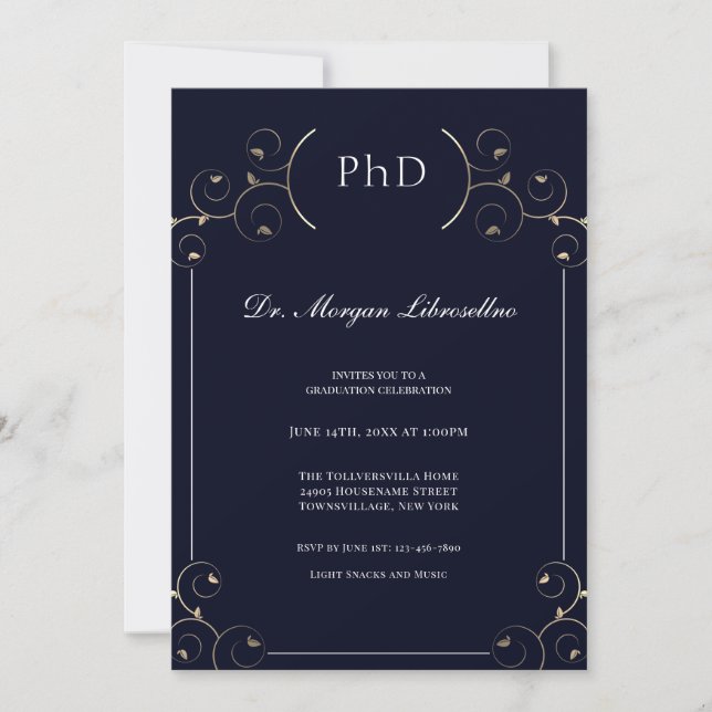 Invitación Elegante Graduación PhD Gold Blue (Anverso)