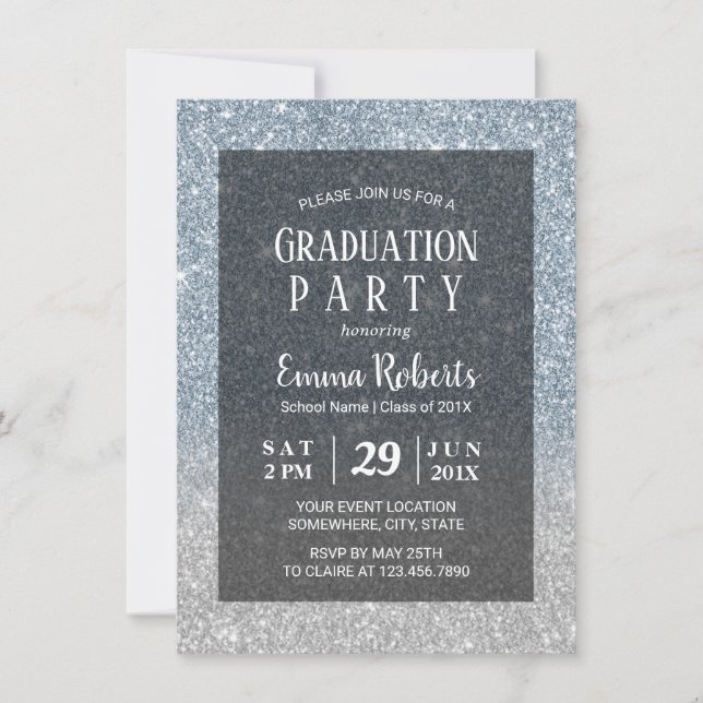 Invitación Elegante Graduación Purpurina Dusty Blue & Silver (Anverso)