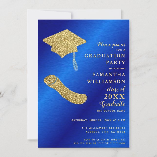 Invitación Elegante Graduación Real Azul y Oro (Anverso)