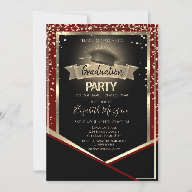 Invitación Elegante Graduación Roja De Grado De Tapón De Diam (Anverso)
