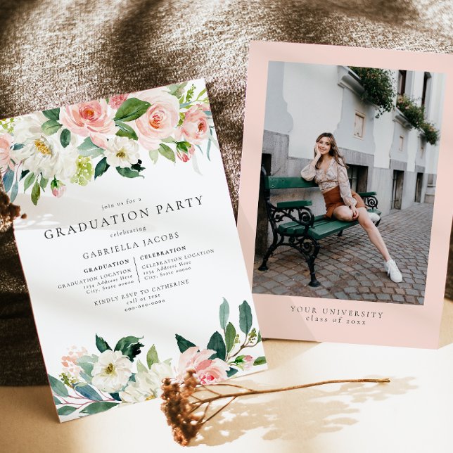 Invitación Elegante Graduación Rubor de vegetación floral ros (Subido por el creador)