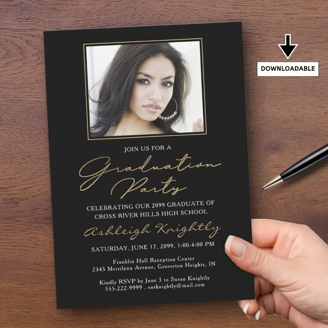 Invitación Elegante Graduación Una Foto Guión Dorado Negro (Subido por el creador)