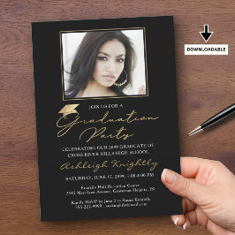 Invitación Elegante Graduación Una Foto Tapón De Oro Negro