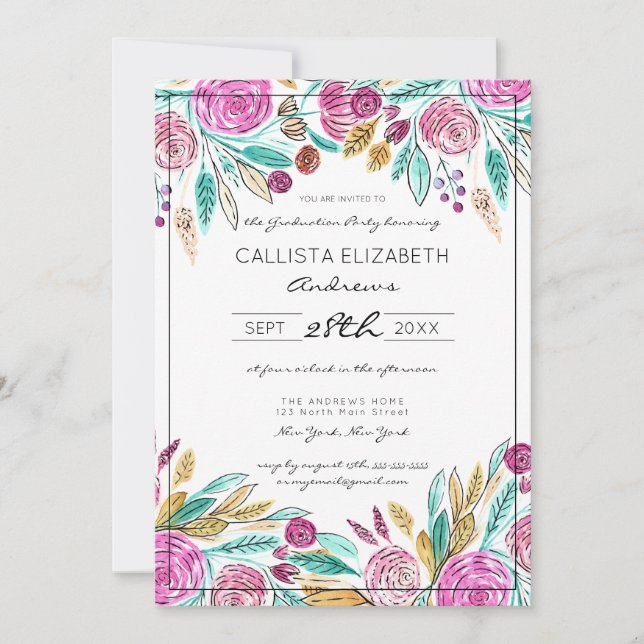 Invitación Elegante Graduación Verde azulada de acuarela flor (Anverso)