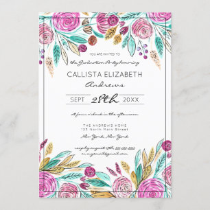 Invitación Elegante Graduación Verde azulada de acuarela flor