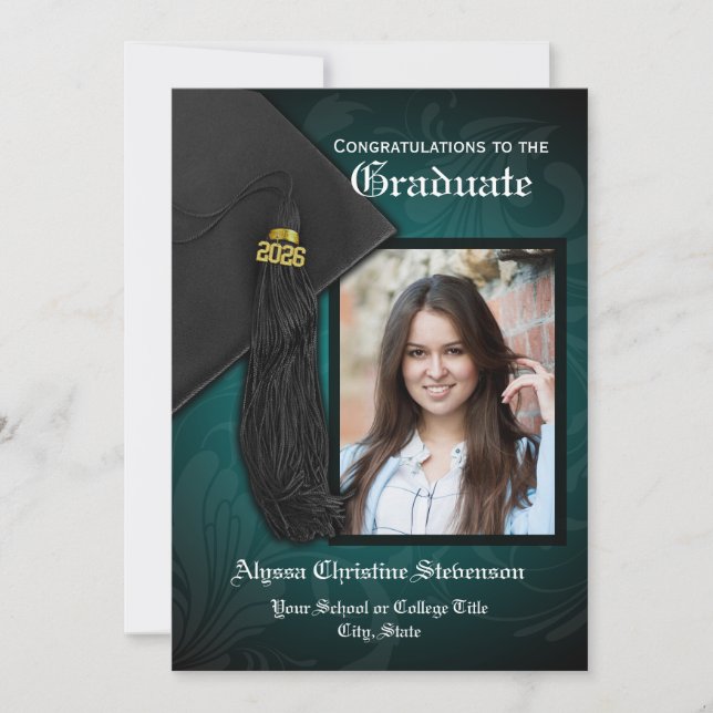 Invitación Elegante Graduación Verde azulada de fotos con enc (Anverso)