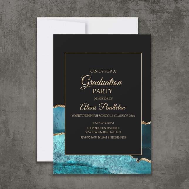 Invitación Elegante graduación Verde azulada del árido de már (Teal and black marble/agate graduation party invitation)