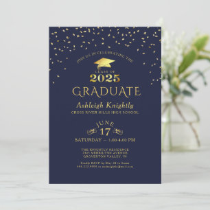 Invitación Elegante Graduado 2025 Navy Gold Confetti