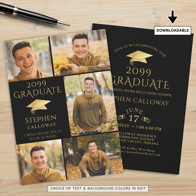 Invitación Elegante Graduado Black Gold Cap 5 Collage de foto (Subido por el creador)