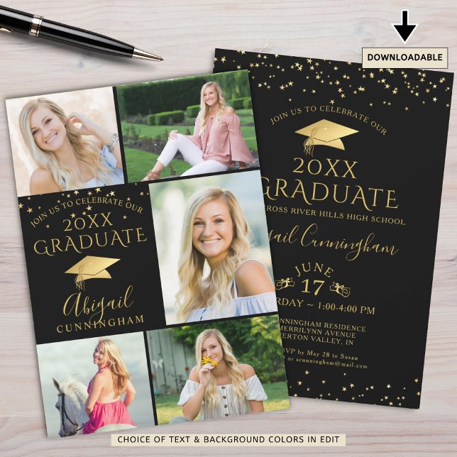 Invitación Elegante graduado de Collage de fotos de oro negro (Subido por el creador)