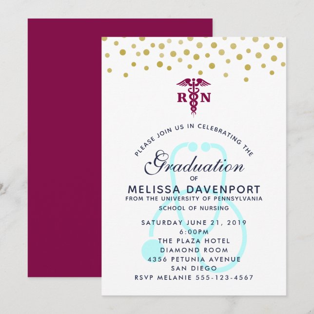 Invitación Elegante graduado de Enfermería de Caduceus y Stet (Anverso / Reverso)