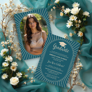 Invitación Elegante Graduado de Forma Ovalada en Verde Turque