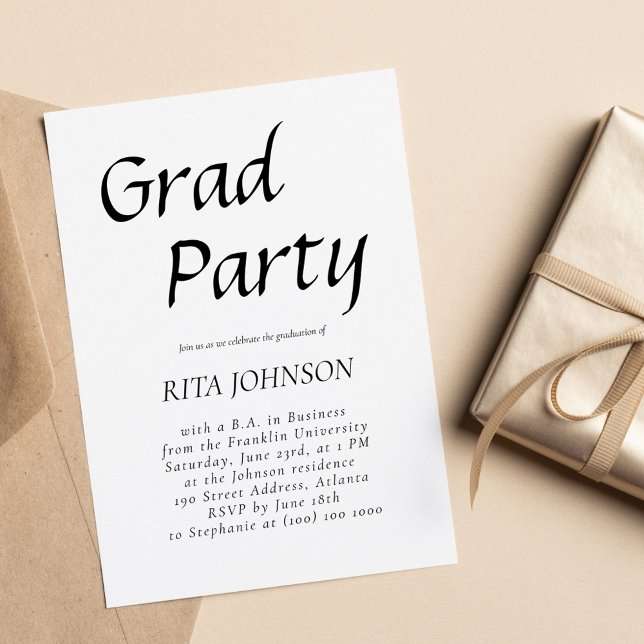 Invitación Elegante Graduado Superior Fiesta Blanco Negro (Elegant Senior Grad Party Black White Graduation Invitation)