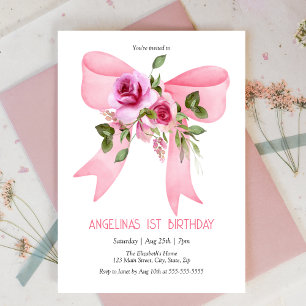 Invitación Elegante Gran Bow Rosa Rosa Aniversario Floral