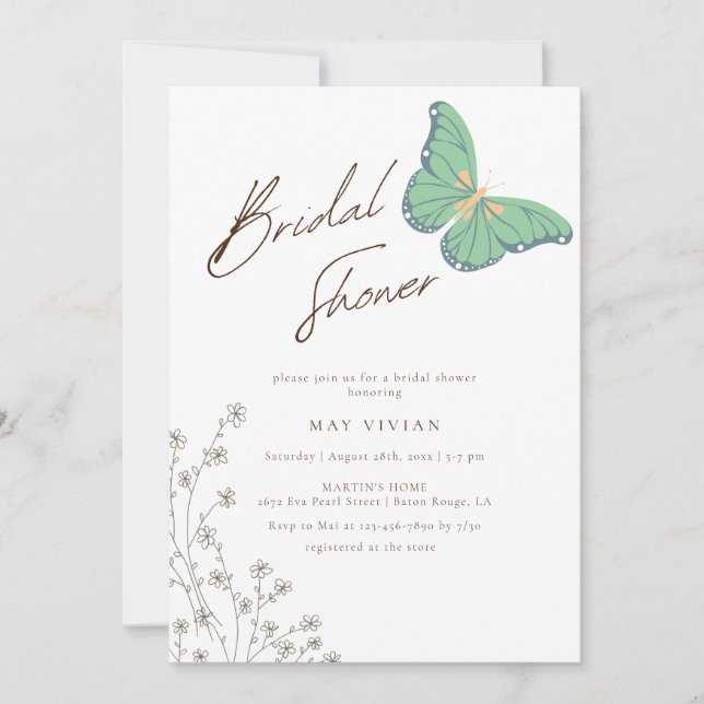 Invitación Elegante Gran Mariposa y Ducha Bridal Flor Silvest (Anverso)