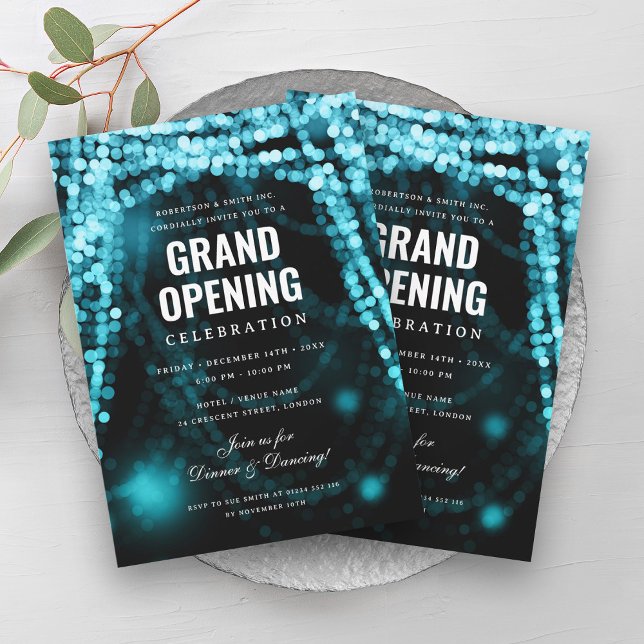 Invitación Elegante Grand Opening Business Luces Turquesas (Elegant Grand Opening Business Turquoise Lights Invitation)