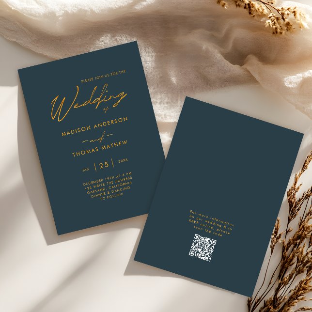 Invitación Elegante Gray Gold Moderno Typography RSVP Boda (Front / Back)