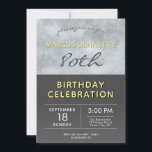 Invitación Elegante Gray Man 80th Birthday Party<br><div class="desc">Elegante fiesta de cumpleaños número 80 invitando al hombre. Diseño de invitación moderno y elegante con un fondo de textura gris, fondo gris oscuro y tipografía de moda en colores blanco, amarillo y gris. Invitación de cumpleaños para un hombre que está celebrando su ochenta cumpleaños - personaliza todos los datos...</div>