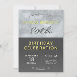 Invitación Elegante Gray Man 80th Birthday Party<br><div class="desc">Elegante fiesta de cumpleaños número 80 invitando al hombre. Diseño de invitación moderno y elegante con un fondo de textura gris, fondo gris oscuro y tipografía de moda en colores blanco, amarillo y gris. Invitación de cumpleaños para un hombre que está celebrando su ochenta cumpleaños - personaliza todos los datos...</div>