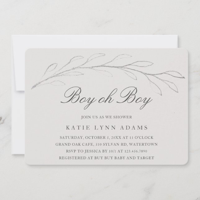 Invitación Elegante Gray Pencil Sketch Twig Boy Baby Shower (Anverso)