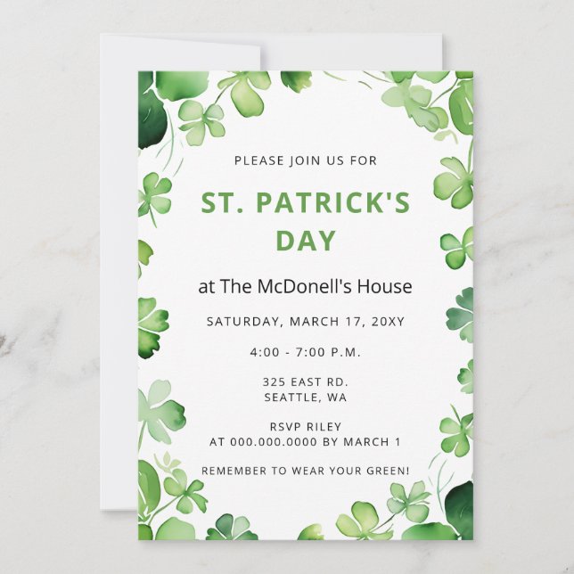 Invitación Elegante Green Clover Shamrock St Patricks Day (Anverso)