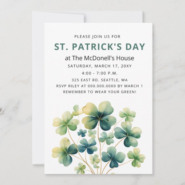 Invitación Elegante Green Clover Shamrock St Patricks Day (Anverso)