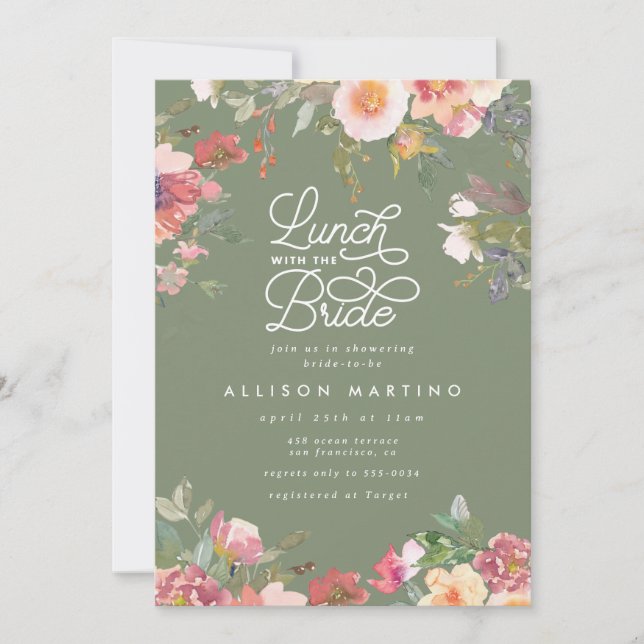 Invitación Elegante Green Garden Floral Bridal Shower Lunch (Anverso)
