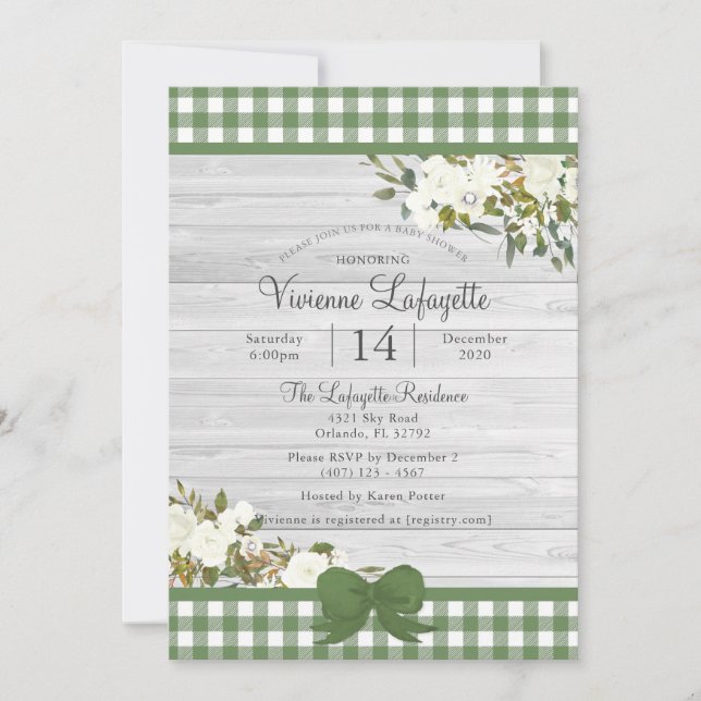 Invitación Elegante Green Gingham Floral Baby Shower (Anverso)