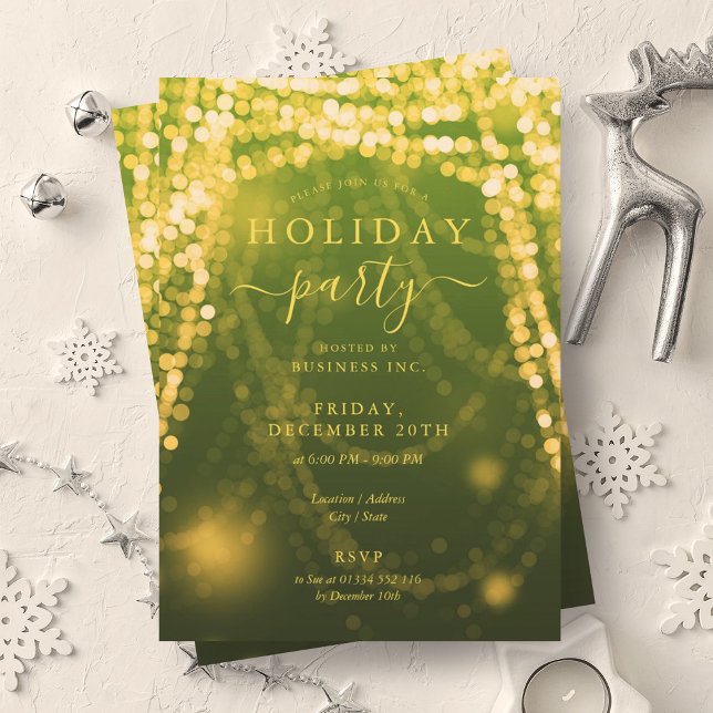 Invitación Elegante Green Gold Company Holiday String Lights (Elegant Green Gold Company Holiday String Lights Invitation)