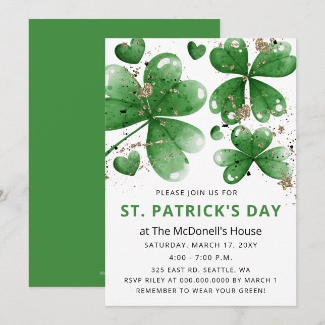 Invitación Elegante Green Gold Gitter Shamrock St Patricks Da (Anverso / Reverso)