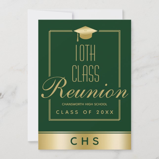 Invitación Elegante Green Gold Script 10th Class Reunion (Anverso)