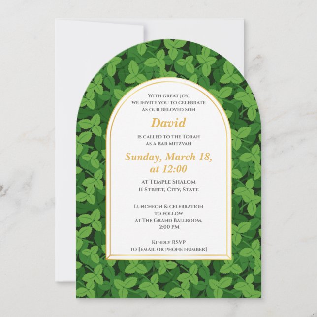 Invitación Elegante Green Leaf Border Arch Bar Mitzvah (Anverso)