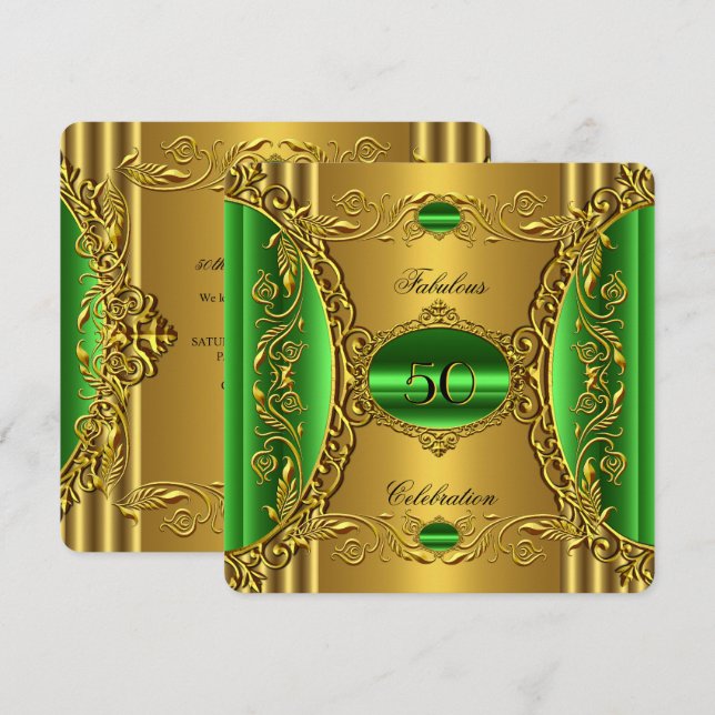 Invitación Elegante Green Lime Gold Fabuloso 50 cumpleaños (Anverso / Reverso)