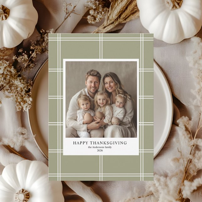 Invitación Elegante Green Plaid Family Foto Acción de Gracias (Subido por el creador)