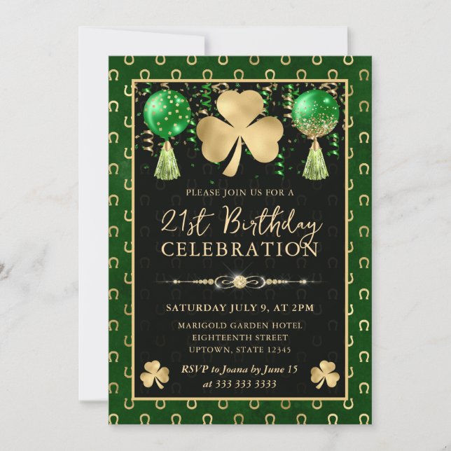 Invitación Elegante Green y Gold Shamrock 21º cumpleaños (Anverso)