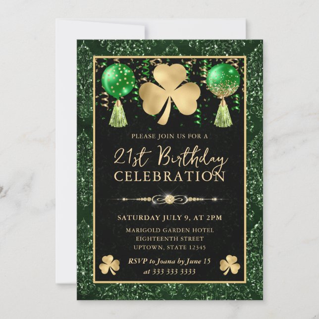 Invitación Elegante Green y Gold Shamrock 21º cumpleaños (Anverso)