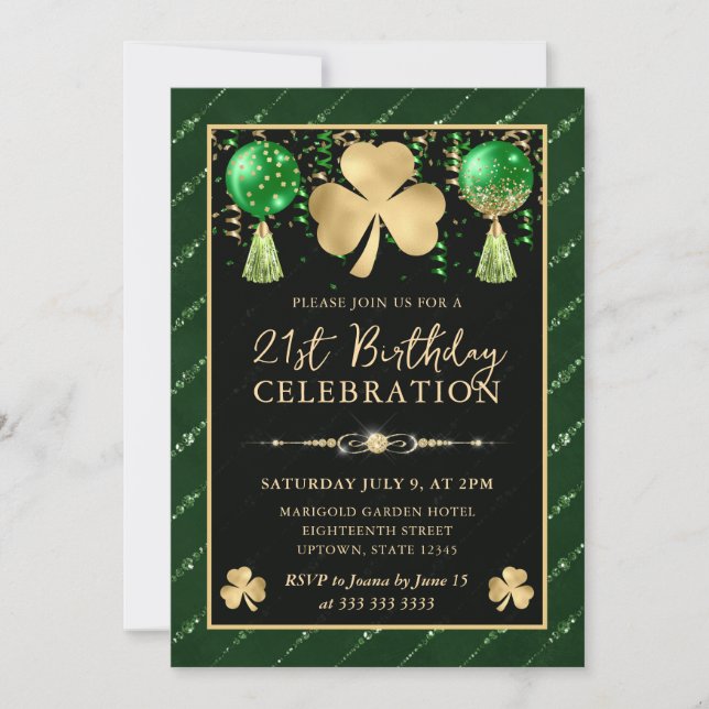 Invitación Elegante Green y Gold Shamrock 21º cumpleaños (Anverso)