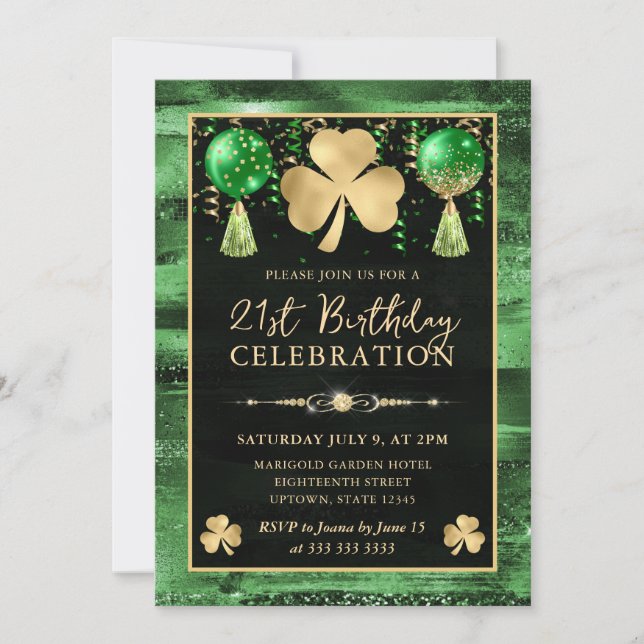 Invitación Elegante Green y Gold Shamrock 21º cumpleaños (Anverso)