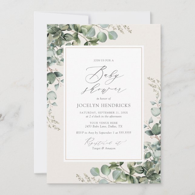 Invitación Elegante Greenery Eucalyptus Baby Shower (Anverso)