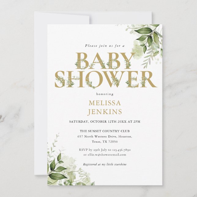Invitación Elegante Greenery Foliage Gold Letter Baby Shower (Anverso)