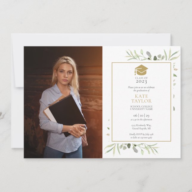Invitación Elegante Greenery Gold Cap Graduation Party Foto (Anverso)