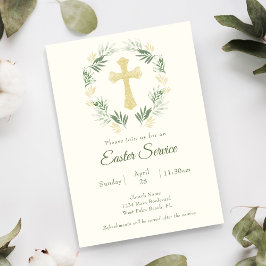 Invitación Elegante Greenery Gold Cross Church Easter Service