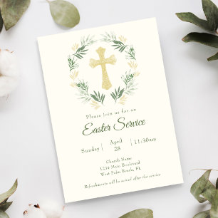 Invitación Elegante Greenery Gold Cross Church Easter Service