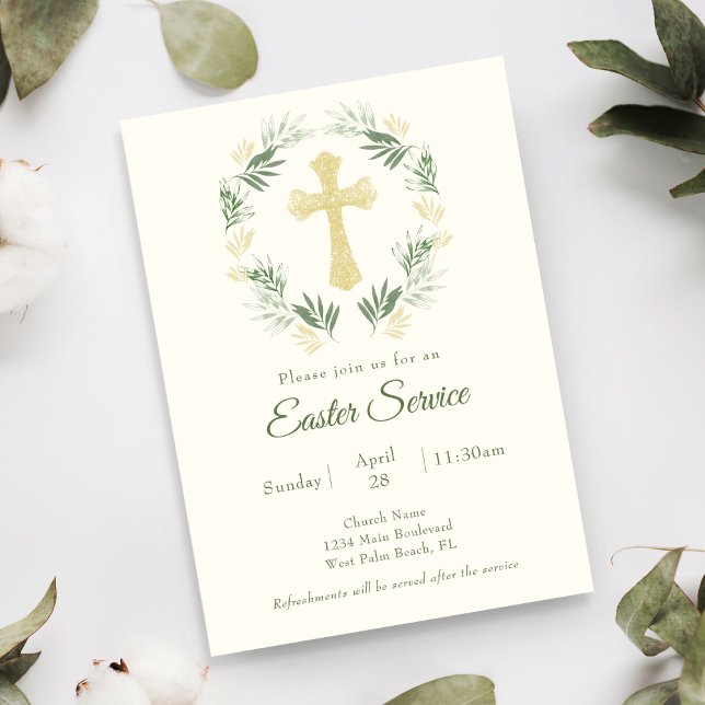 Invitación Elegante Greenery Gold Cross Church Easter Service (Subido por el creador)
