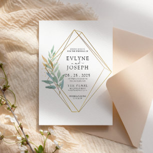 Invitación Elegante Greenery Gold Eucalyptus Leaf Boda de Mod