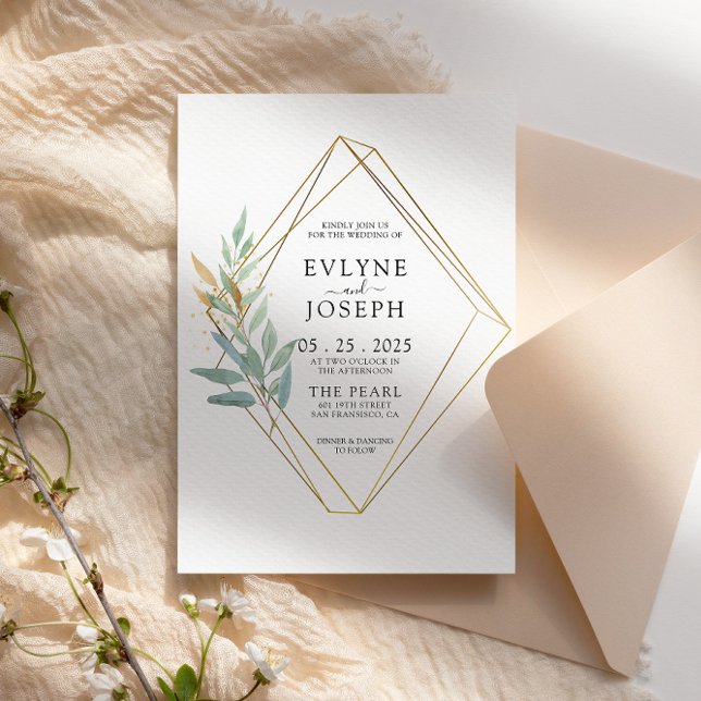 Invitación Elegante Greenery Gold Eucalyptus Leaf Boda de Mod (Subido por el creador)