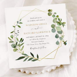 Invitación Elegante Greenery Gold Geométrico Frame Boda