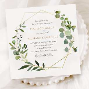 Invitación Elegante Greenery Gold Geométrico Frame Boda